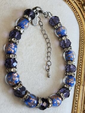 Vintage Murano Glass Bracelet Blue and Purple Beads Adjustable Made In Italy